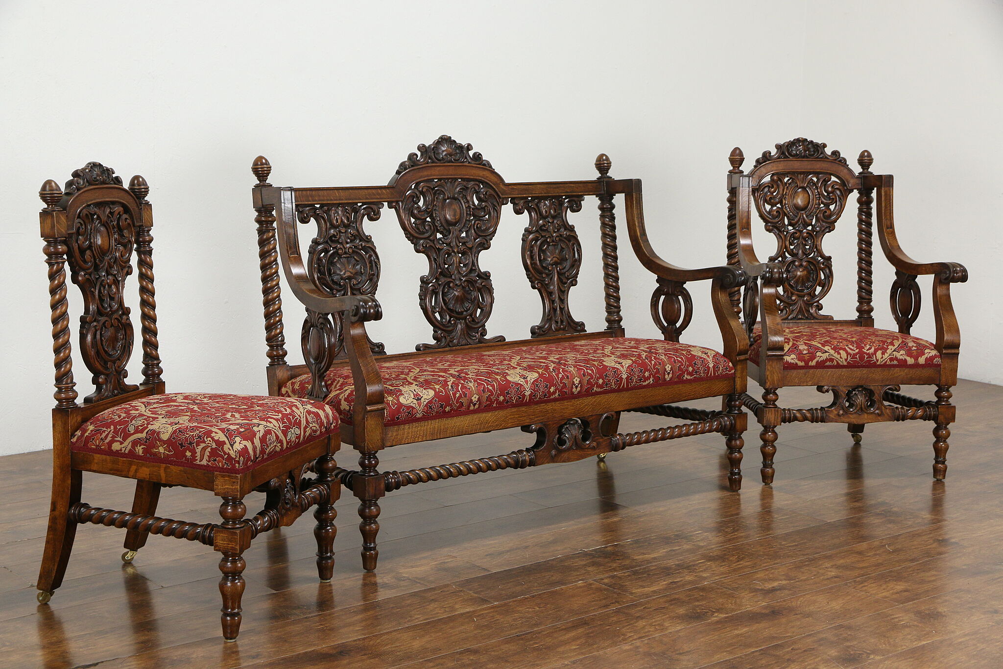 Parlor Set Renaissance Antique Oak 3 Pc Salon Parlor Set Loveseat or Settee 2 Chairs