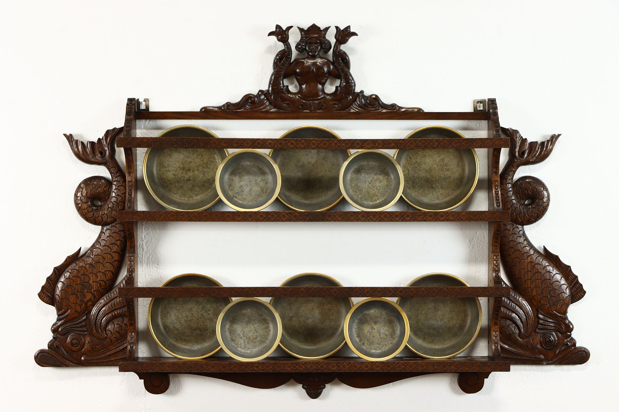 Mermaid & Dolphins Antique Carved Oak Dutch Plate Rack Shelf