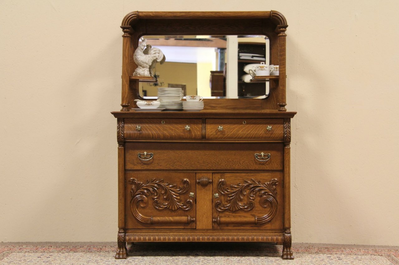 Carved Oak Sideboard Buffet, Beveled Mirror