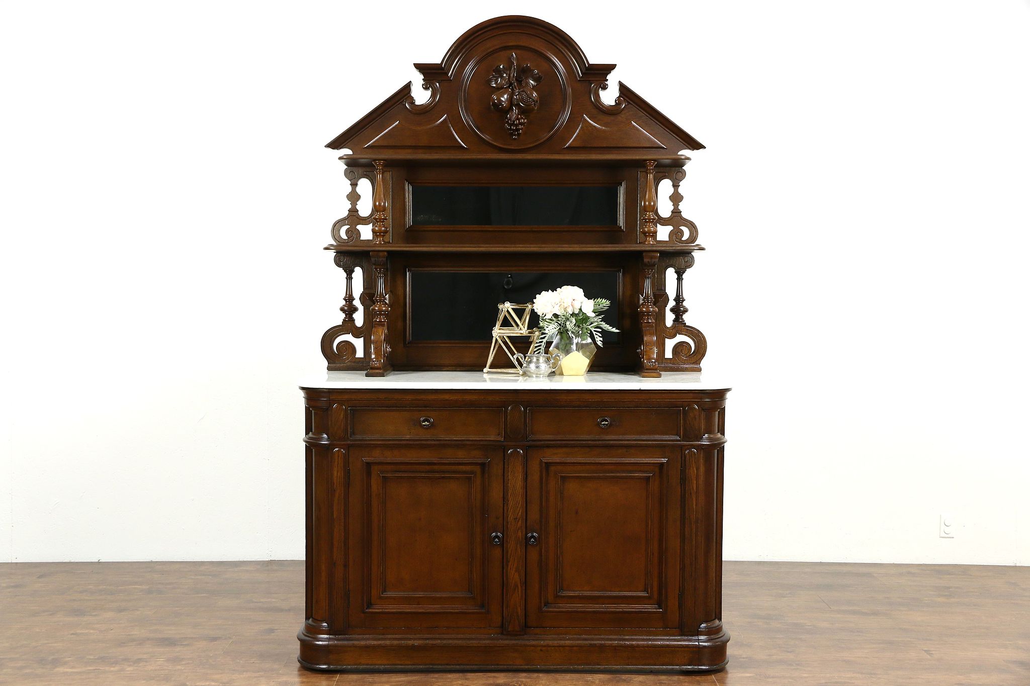 Carved Oak Server with Marble Top
