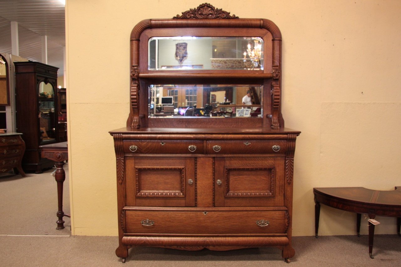 Victorian Oak Sideboard or Buffet with Carved Heads