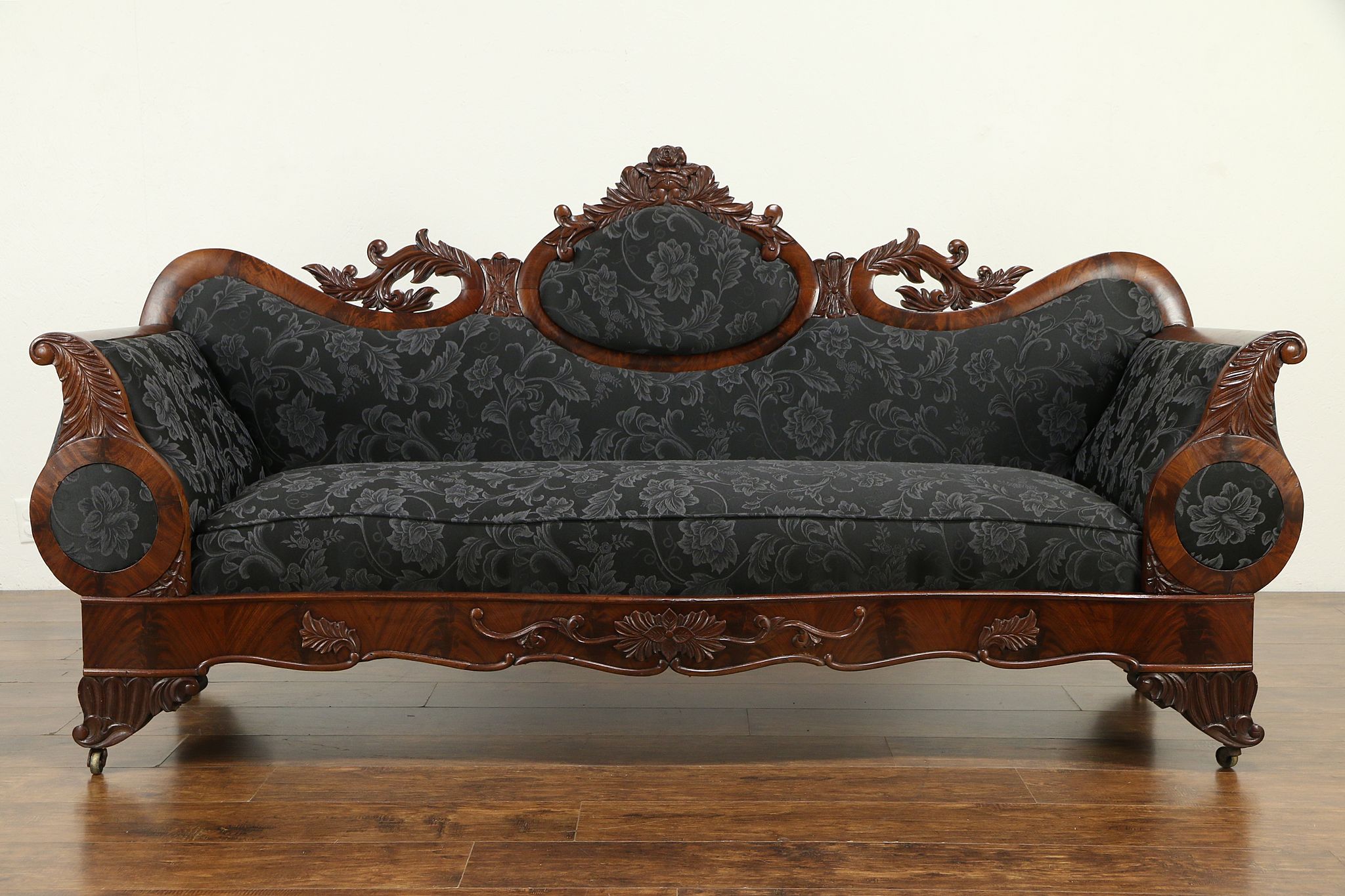 Empire Victorian Transitional Carved Mahogany Sofa New Upholstery