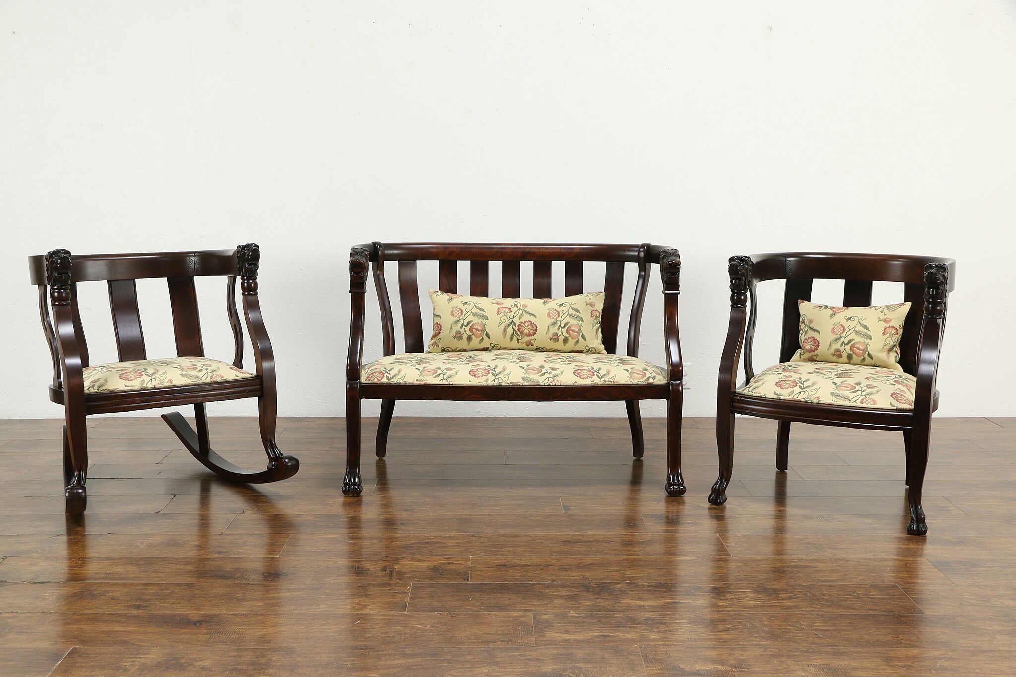 Antique Parlor Rocker Victorian Antique 3 Pc Parlor Set, Settee, Chair & Rocker, Lion Heads