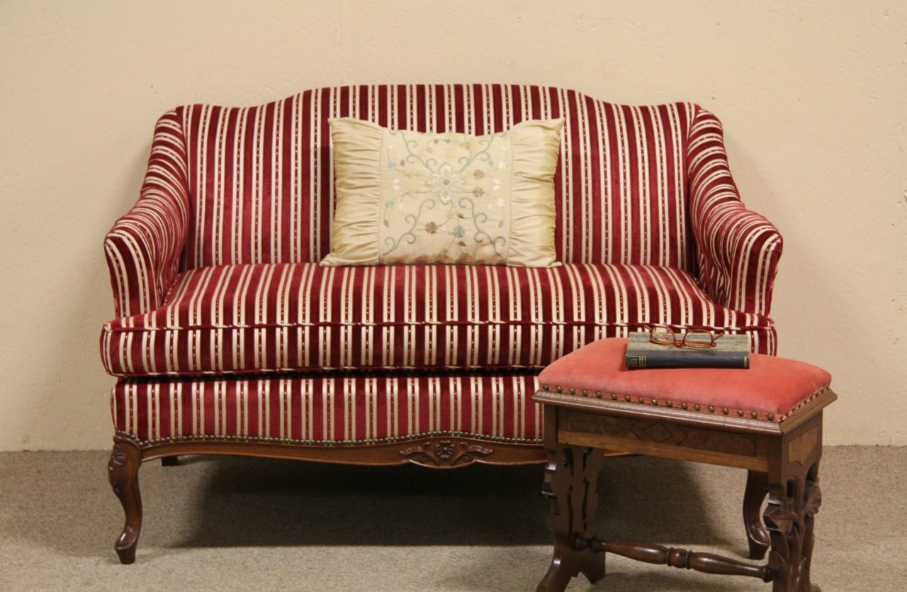 Vintage Loveseat or Settee, Red Velvet Stripe