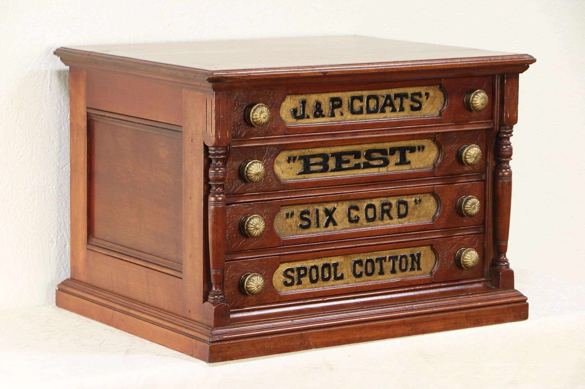 Cherry Antique Spool or Collector Cabinet or Jewelry Chest, Signed Coats