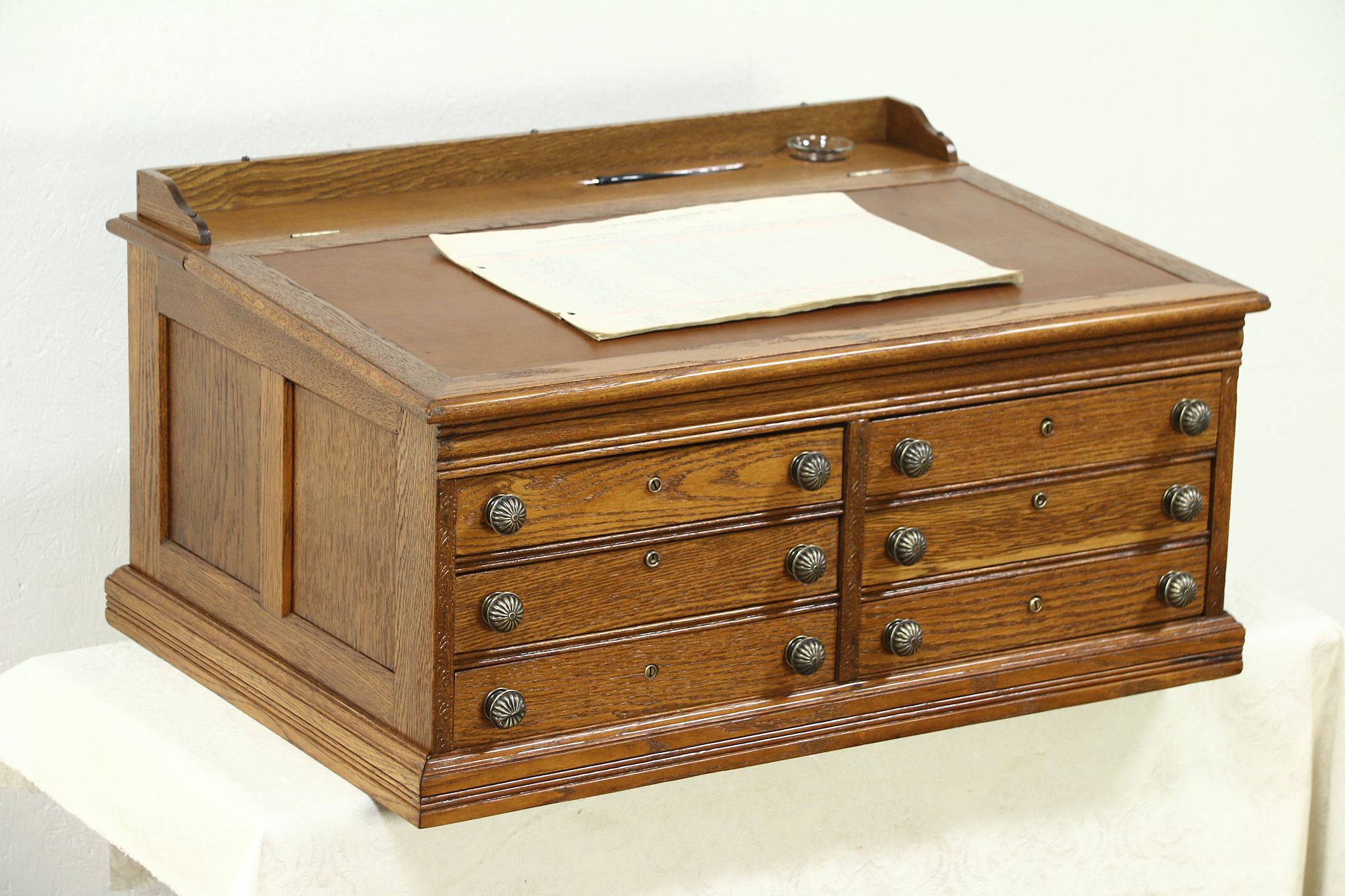 Oak Antique 6 Drawer Spool Cabinet, Collector or Jewelry Chest, Leather Top