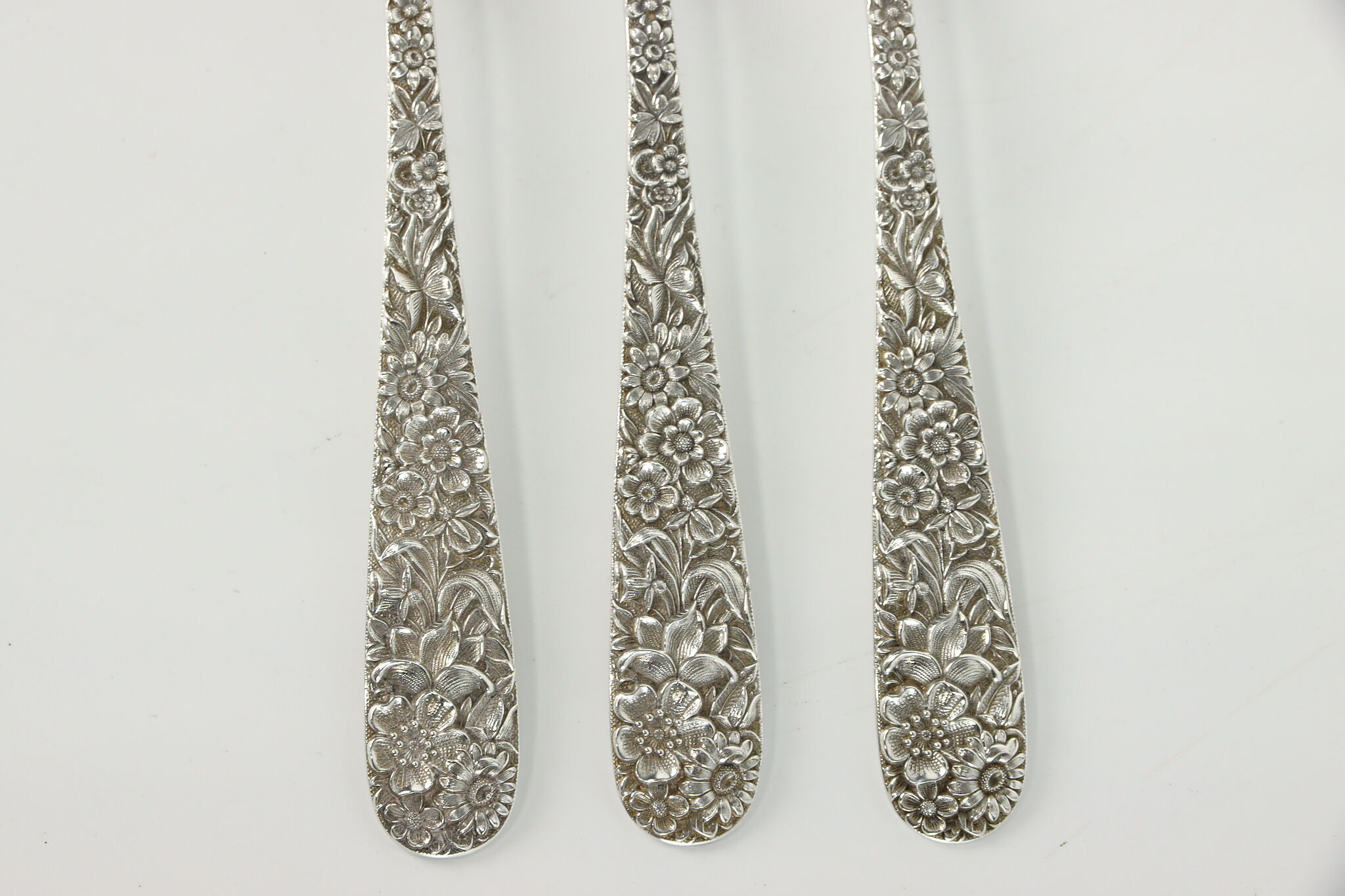 Set of 3 Sterling Kirk and Son Dinner Forks, Repousse Pattern, 8