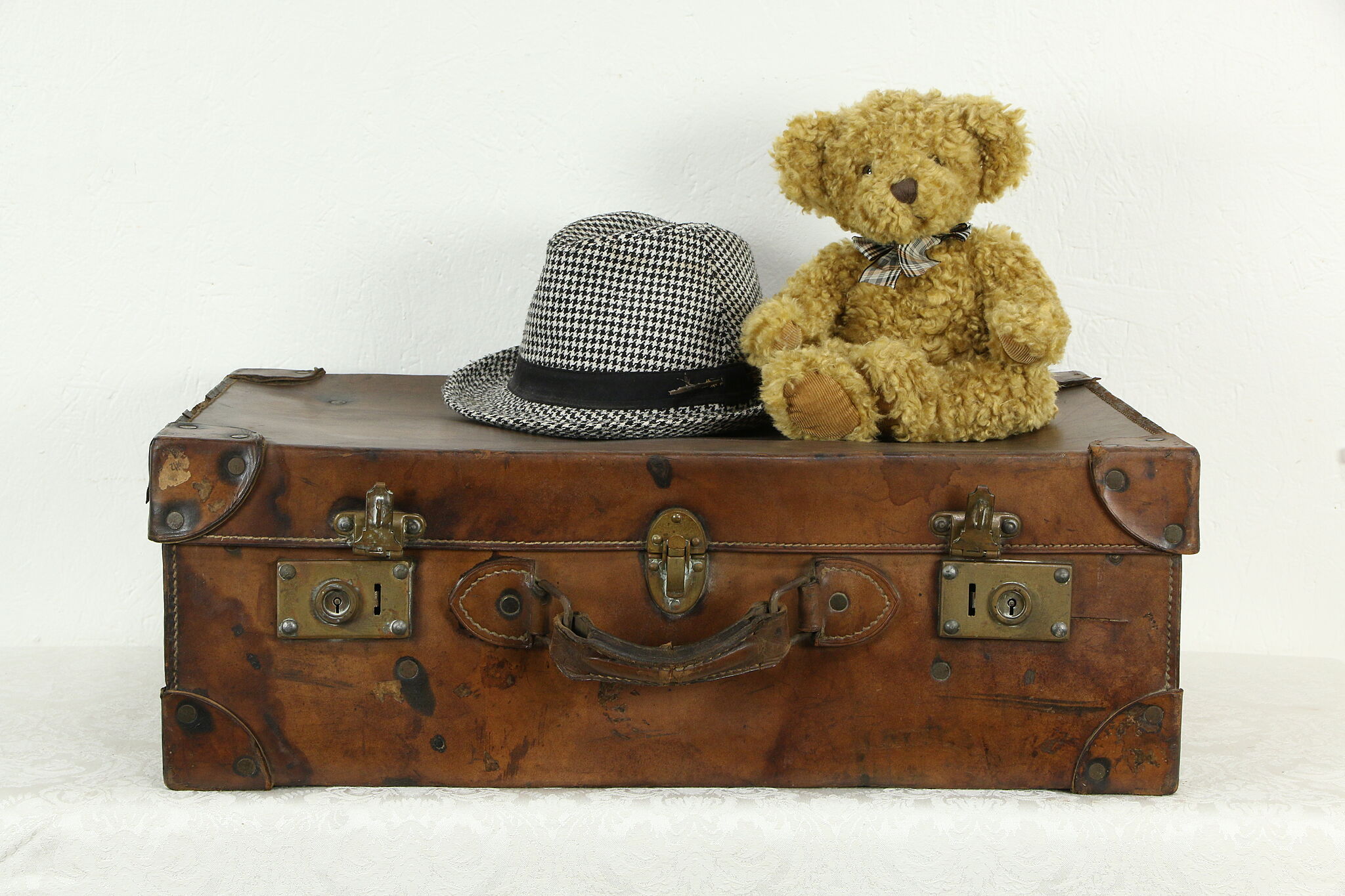 Leather Antique Suitcase European Spa Hotel Labels