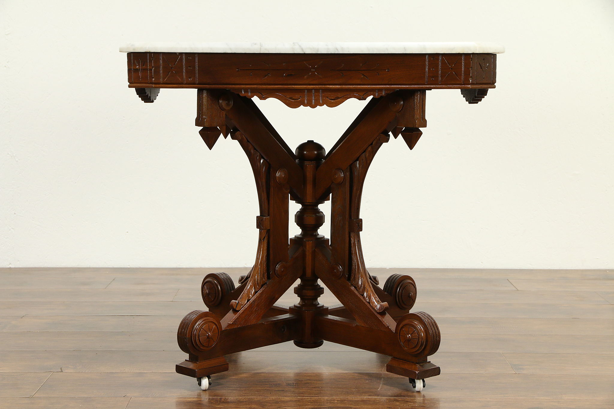 Details about   Ornate Burl Walnut Victorian Eastlake Marble Top Table with Fancy Carved Base 