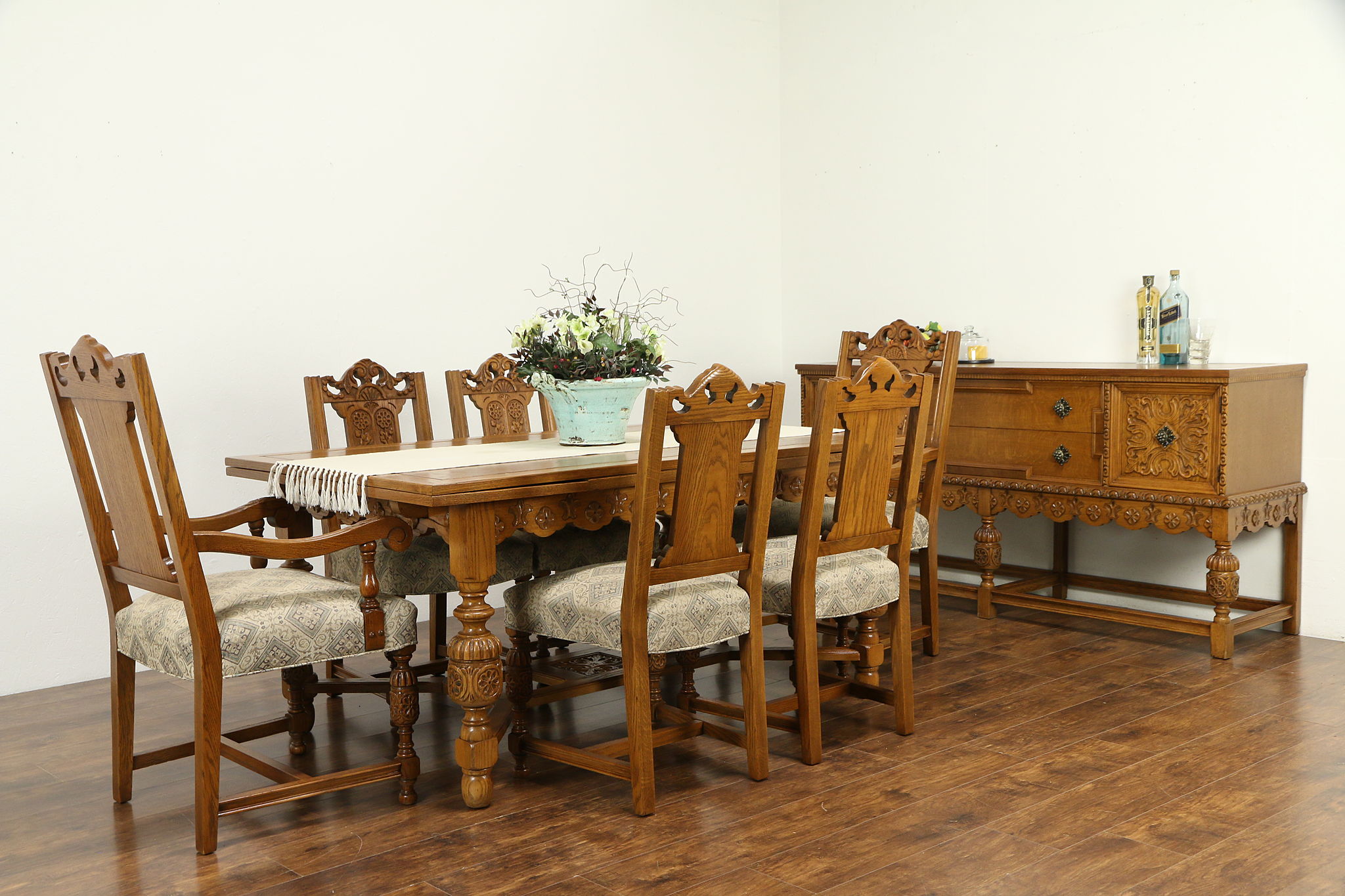 English Tudor Antique Oak Dining Set, Table, 6 Chairs