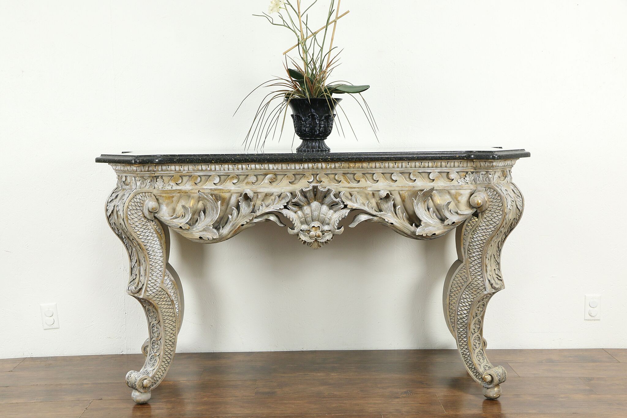 Renaissance Carved Modern Whitewash, Granite Console Table