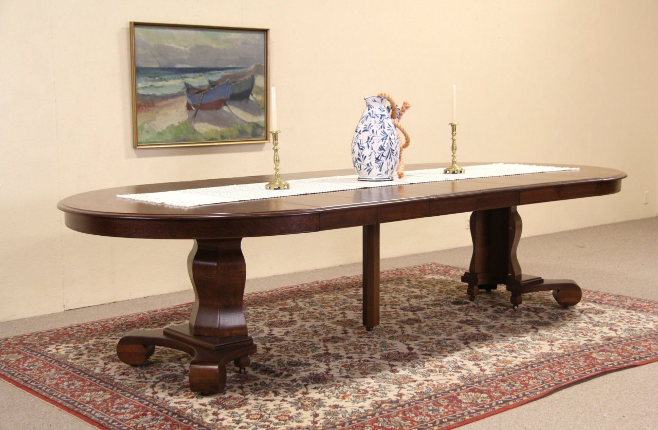 Round 1900 Antique Oak Dining Table, 6 Leaves, Extends 10'