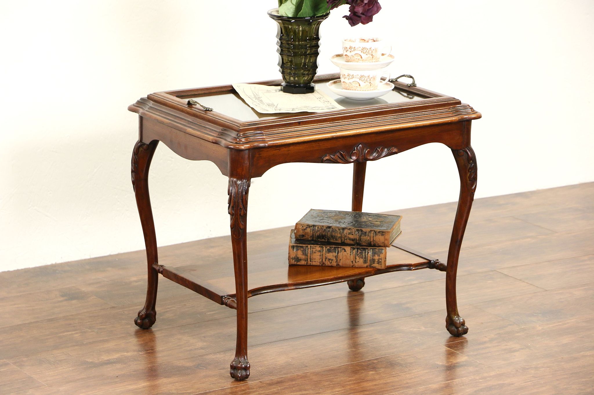 Carved Walnut 1925 Antique Coffee Table, Glass Tray