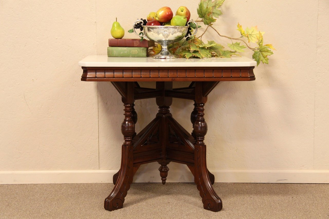 Victorian Eastlake Marble Top Parlor Table Walnut