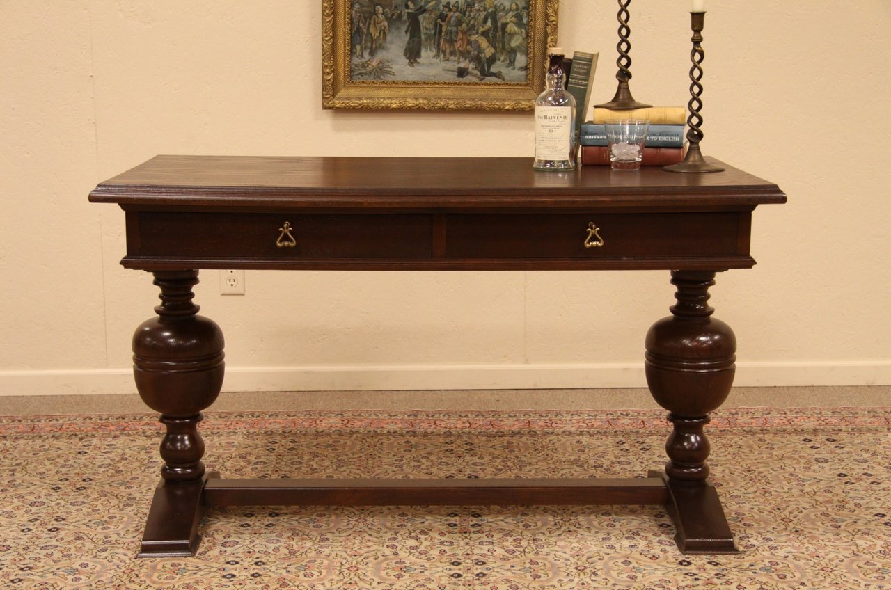 Carved Oak Writing Desk or Library Table