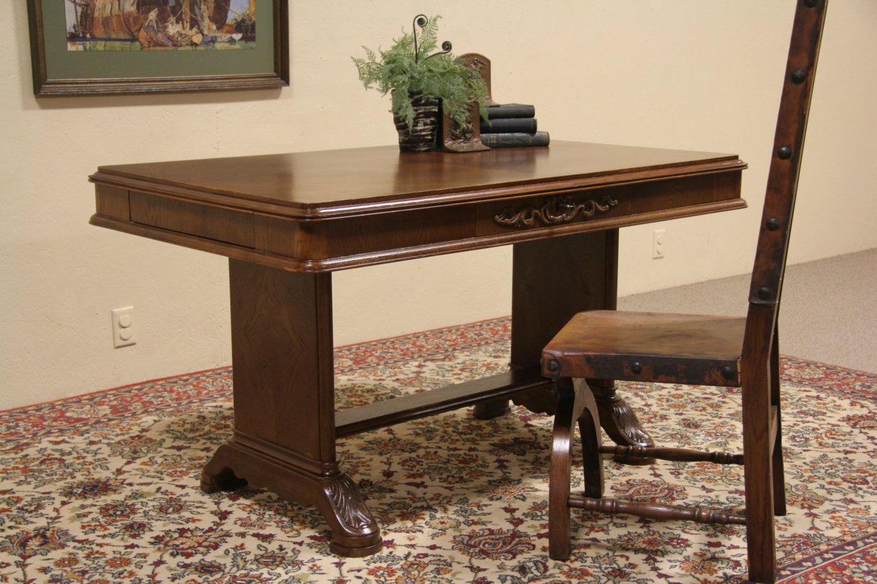 Oak 1910 Antique Library Table or Writing Desk, Secret Drawers