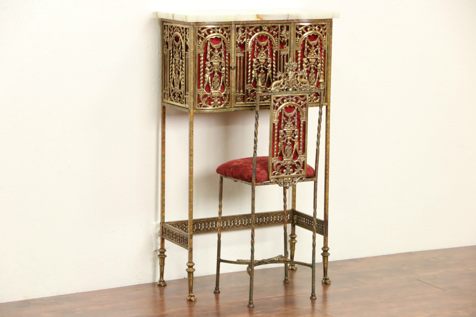 Renaissance Style Brass & Onyx 1915 Antique Telephone Stand & Chair