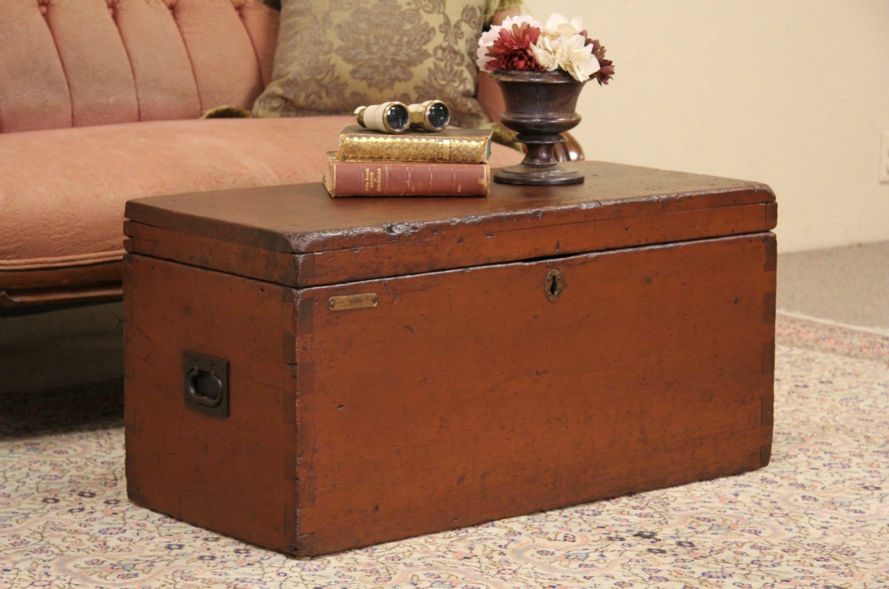 Pine Trunk Coffee Table, 1880's Antique Signed Flint Wagon, MI