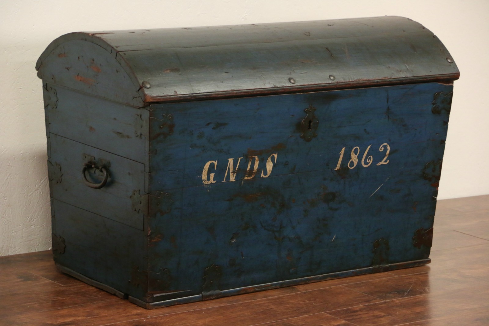 Swedish 1850's Antique Pine Blue Painted Dome Top Immigrant Trunk