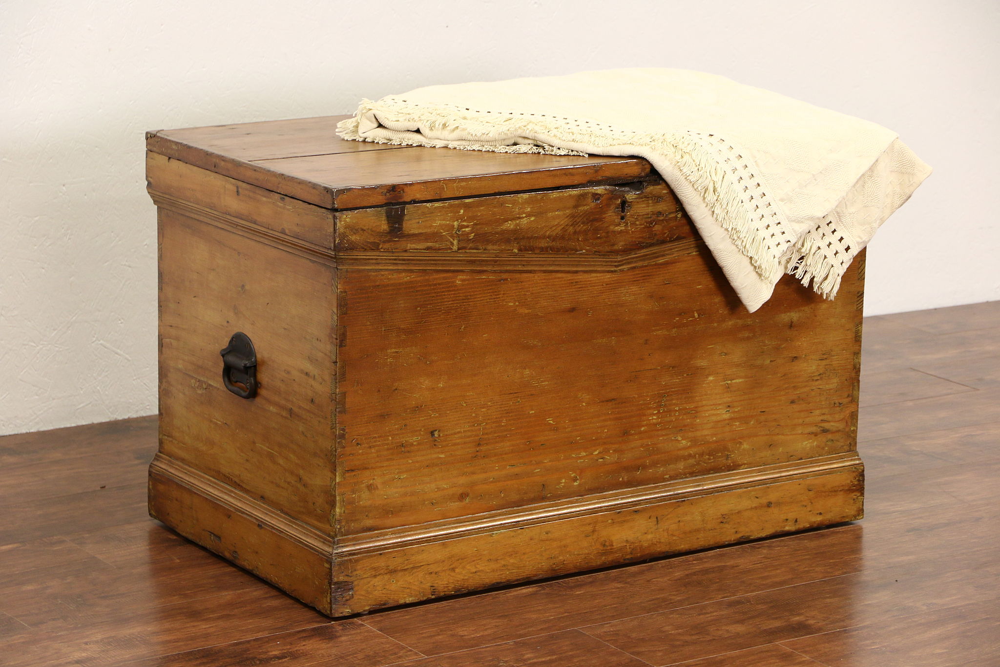 Country Pine 1870 Antique Trunk or Blanket Chest, Hand Cut Dovetail Joints