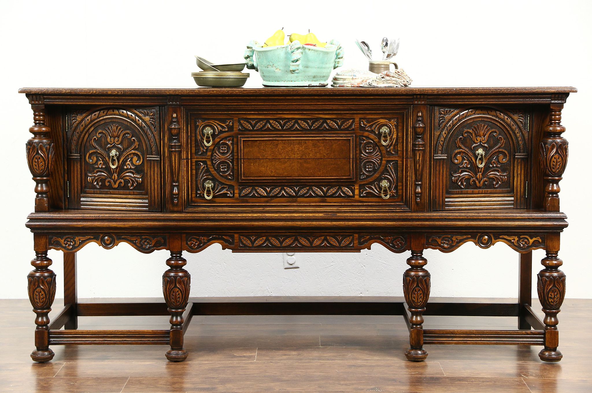English Tudor 1925 Carved Oak Sideboard, Server or Bufffet