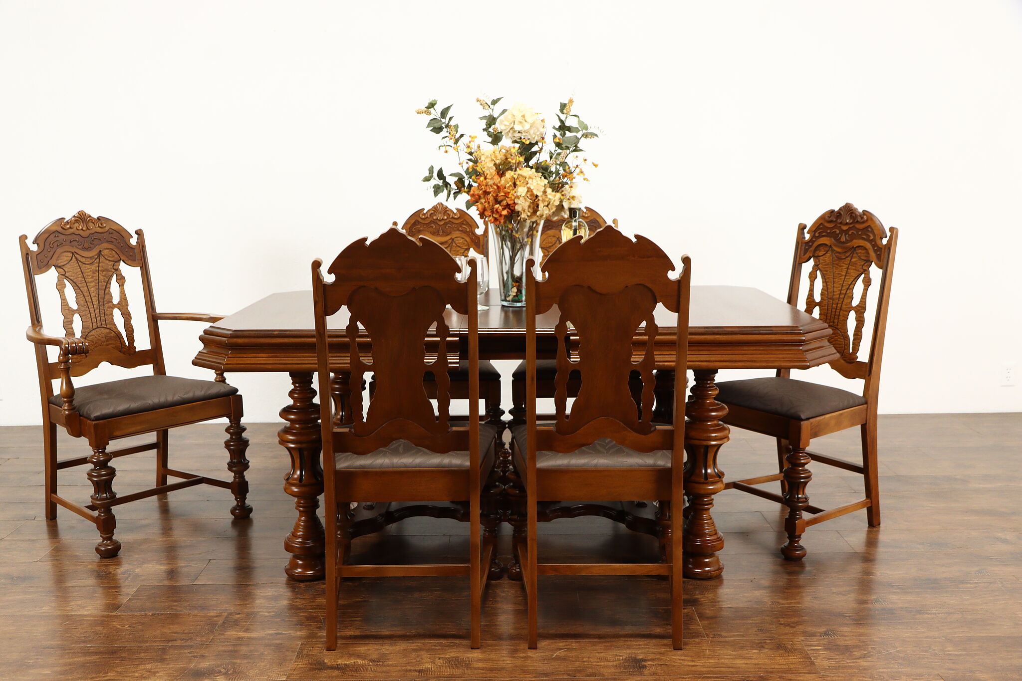 English Tudor Antique Carved Dining Set, Table, 6 Chairs New Upholstery