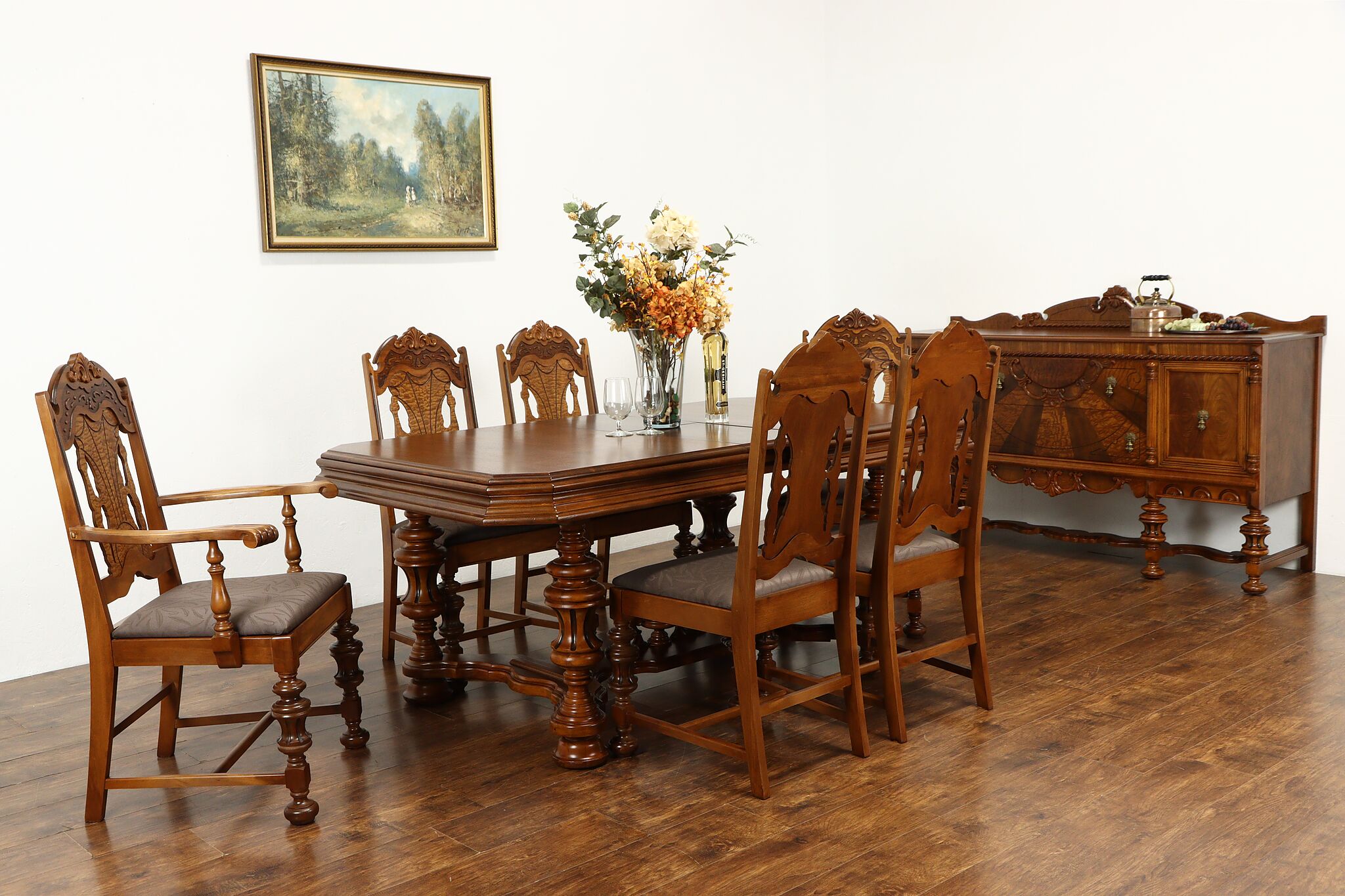 English Tudor Antique Carved Dining Set, Table, 6 Chairs New Upholstery