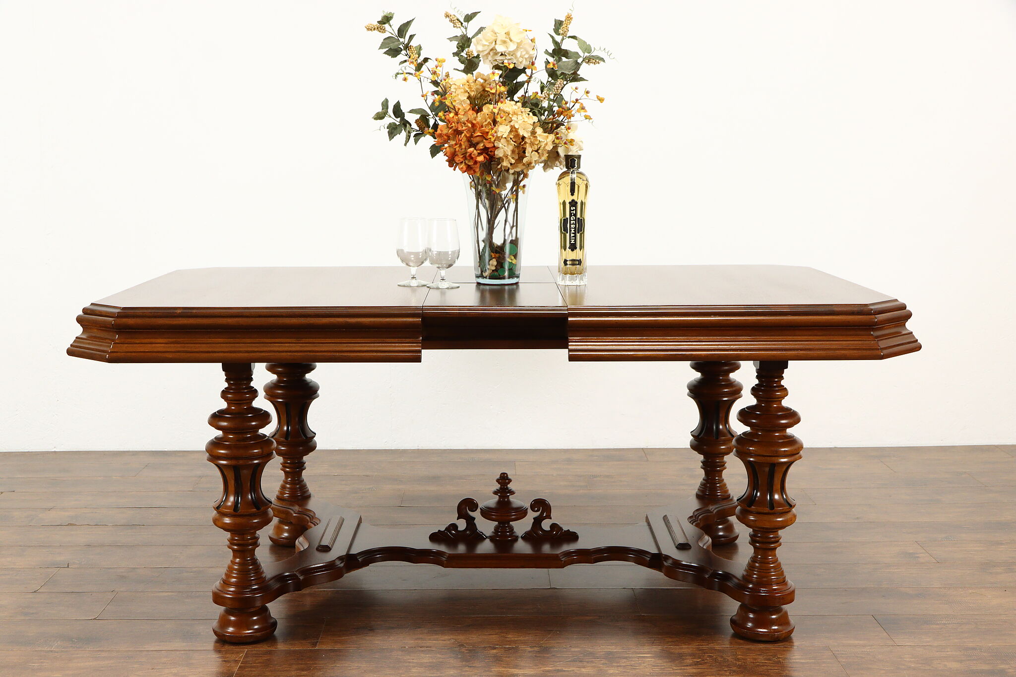 English Tudor Antique Carved Dining Set, Table, 6 Chairs New Upholstery