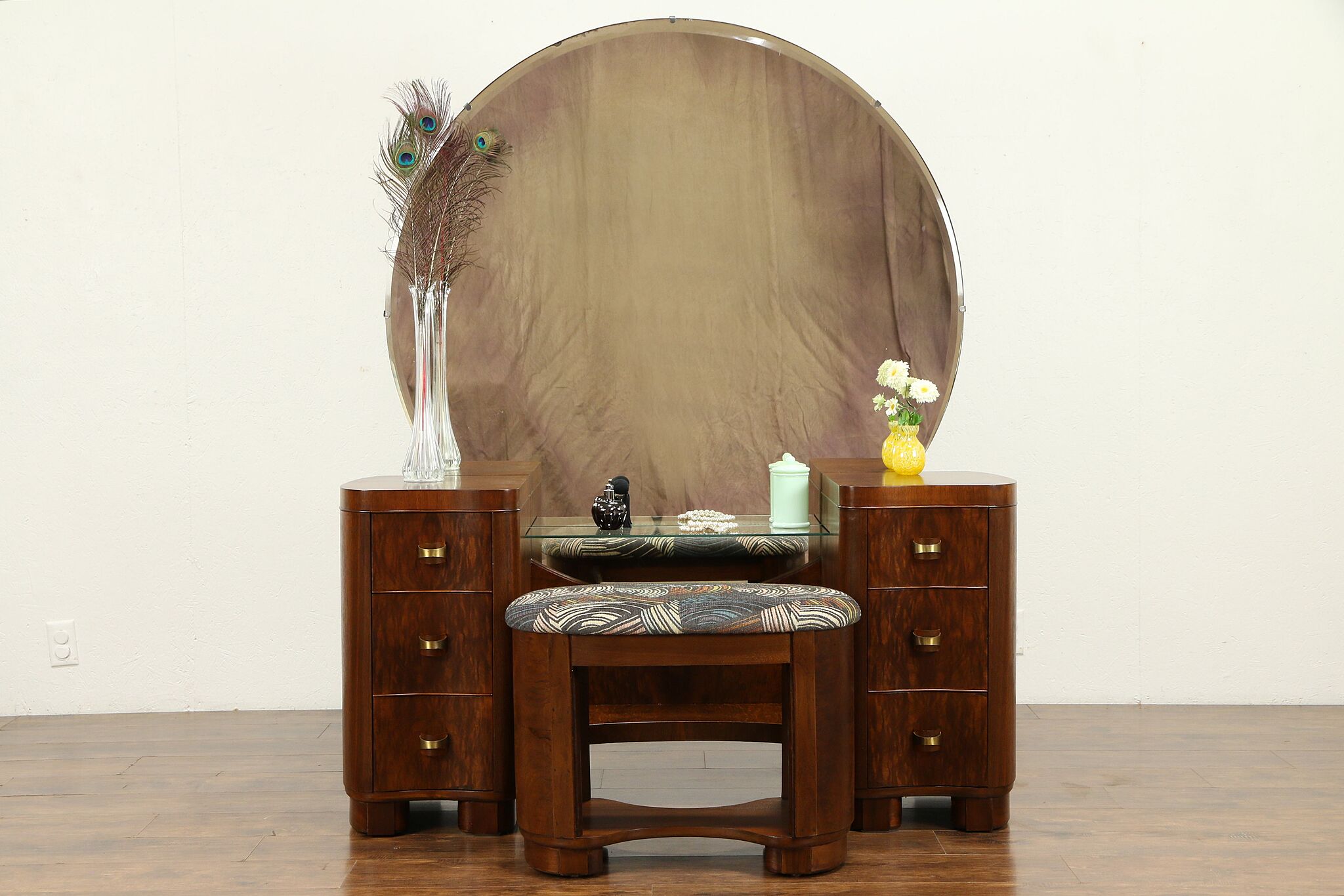 Midcentury Modern Vintage Walnut Vanity, Vanity Mirror And Bench