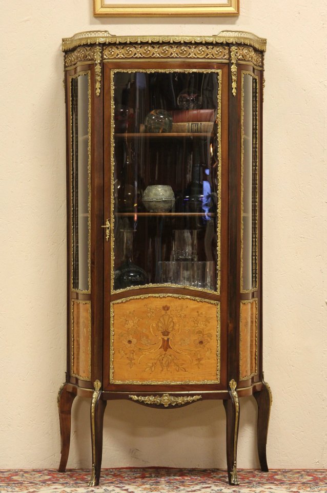 French Curved Glass Curio Display Marble Top