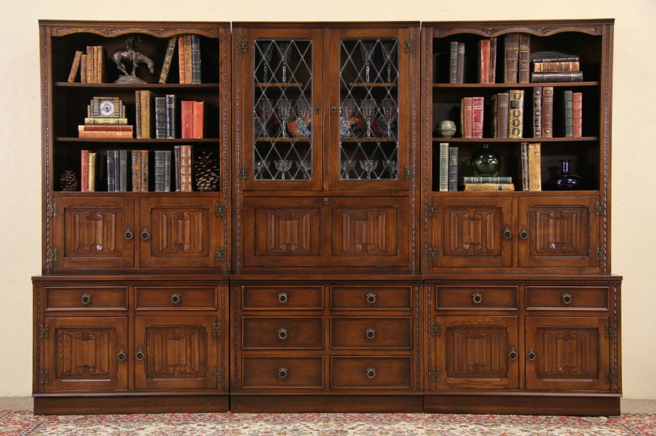 Oak Vintage Triple Library Bookcase & Bar Leaded Glass