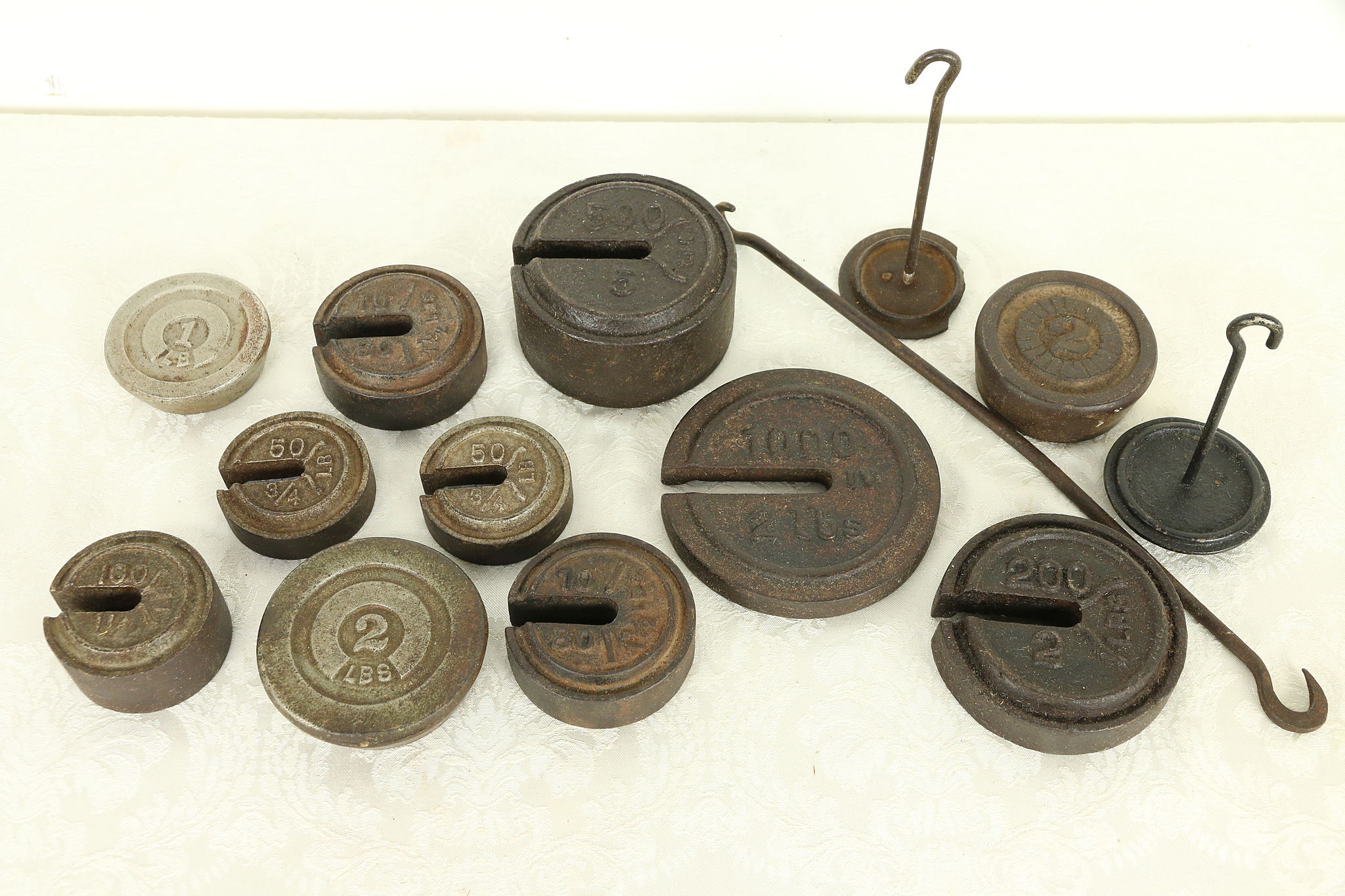 Group of 10 Antique Cast Iron Scale Weights & 2 Hangers