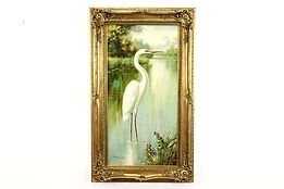 Monumental Egret Bird in Lake Original Vintage Oil Painting, Cowan 59" #39939