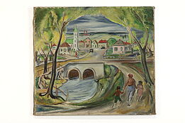 "Small Town Culvert" Vintage Original Oil Painting, Grumieaux 21.5" #39484