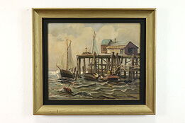 Fisherman Returning to Dock Original Vintage Oil Painting, Unterzuber 31" #39294