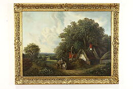 Thatched Cottage & Wagon Original Antique Oil Painting Williams 44.5" #39410