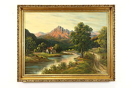 Cottage & Alps at Sunset Original Antique Oil Painting, Williams 46" #39411