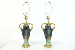 Pair of French Art Nouveau Design Vintage Porcelain & Brass Mounted Lamps #39477