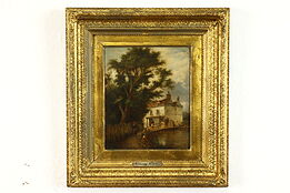 House & Canal Antique Victorian English Original Oil Painting Moore 20.5" #39486