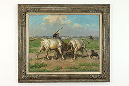 Cowboy & White Bulls Vintage Original Oil Painting, Viski 38.5" #39491