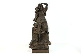 Mother & Baby Statue Escaping Fire, Victorian Antique Sculpture #39174