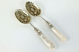 Pair of Silverplate Antique Pearl Handle Berry Serving Spoons Gold Wash #39821