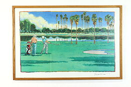 Golfers on Course Vintage Print with Oak Frame, Signed '90 Waldron 37.5" #39834