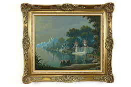 Oceanside Terrace & Lake Original Antique Oil Painting, Gilt Frame 32" #39305