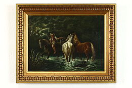 Boy Fording a River with Horses Original Vintage Oil Painting 19.5" #39384