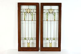 Pair Craftsman Antique Architectural Salvage Leaded Stained Glass Windows #39606