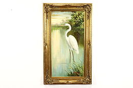 Monumental Egret Bird in Lake Original Vintage Oil Painting, Cowan 59" #39682