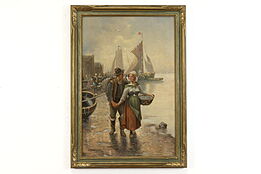 Couple at Fish Market Antique Original Oil Painting, Baumgartner 35.5" #39686