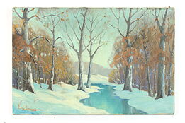 River Landscape in Winter Vintage Original Oil Painting 1937 Berglund 26" #39688