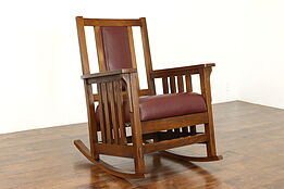 Arts & Crafts Mission Oak Vintage Craftsman Leather Rocking Chair, Moore #39700